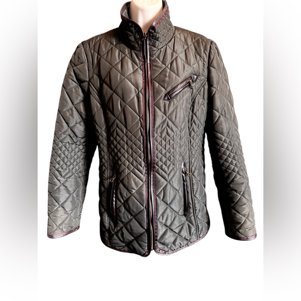 Mo-ka by Santa Fe Apparel Jacket M Quilted Puffer Coat Faux Leather Trim Olive